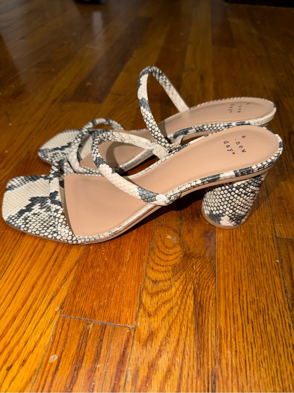 a new day Snake-Print Strappy Block Heels in Beige and Black